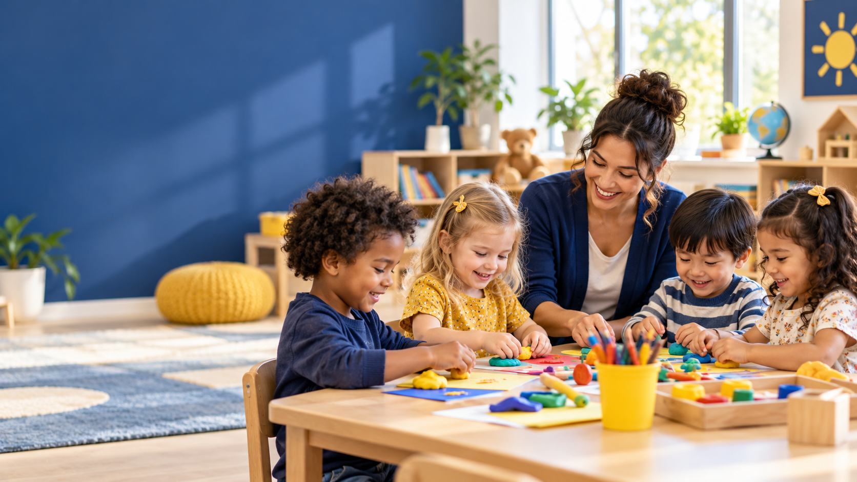 Children learning together with a caring teacher in a bright classroom